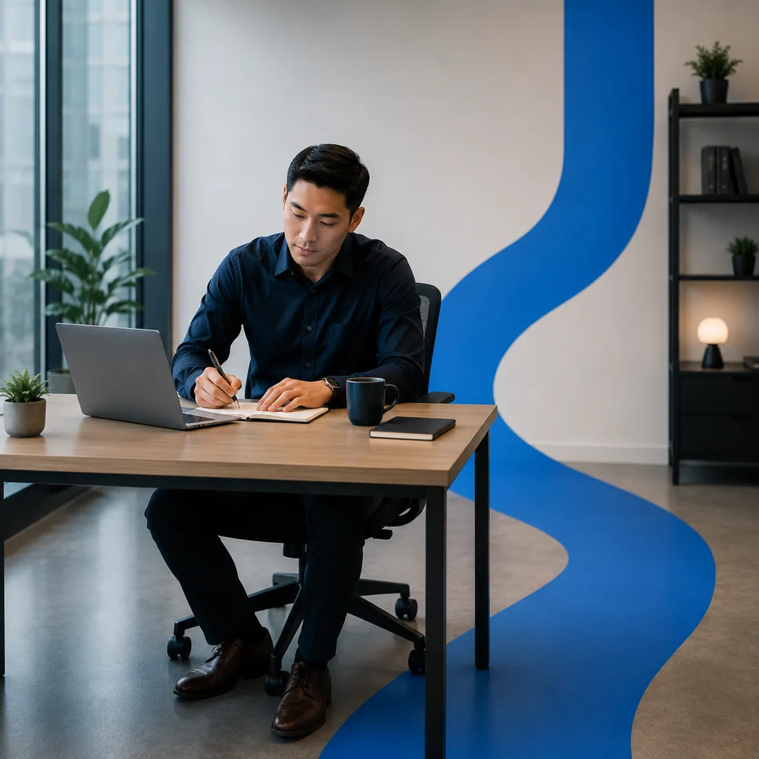 Knowledge worker at a desk reviewing documents and a laptop in a modern office, managing files on SharePoint